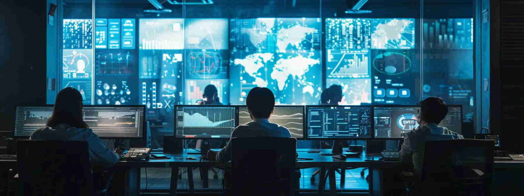 A stylized image of five people working at a control center monitoring the progress of automated multi-channel marketing