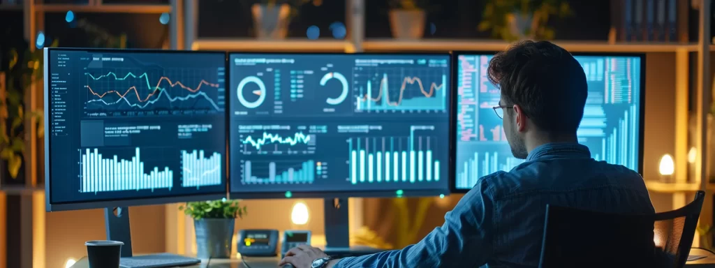 A person working at a computer with three screens and optimized for automated multi-channel marketing